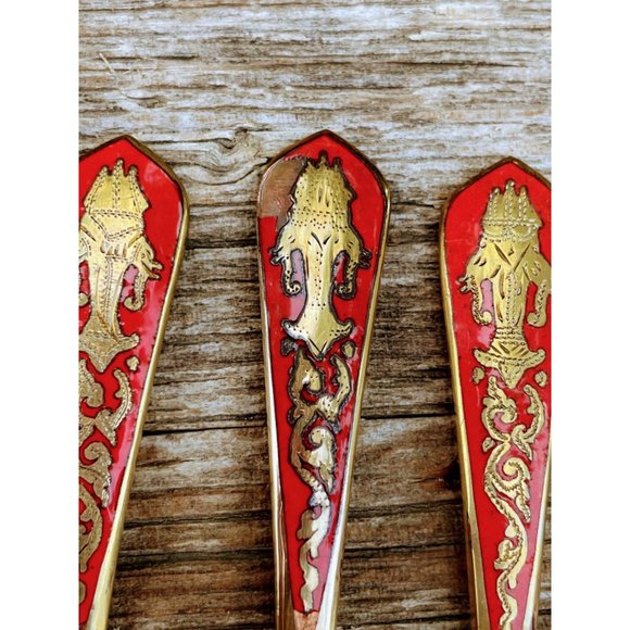 Vintage Siam Red Enamel Brass Appetizer Cocktail Shrimp fork Set - Picture 7 of 8